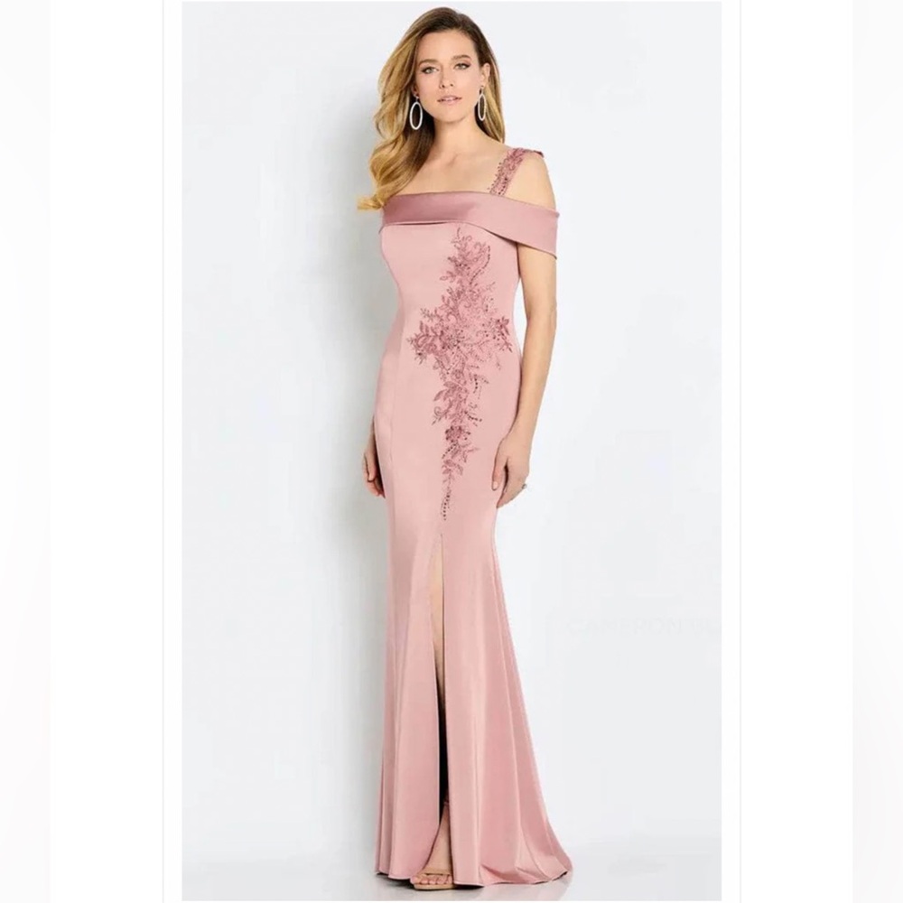 $798 Cameron Blake CB115 Blush Pink Crepe Beaded Sequin Side Slit Formal Gown 14